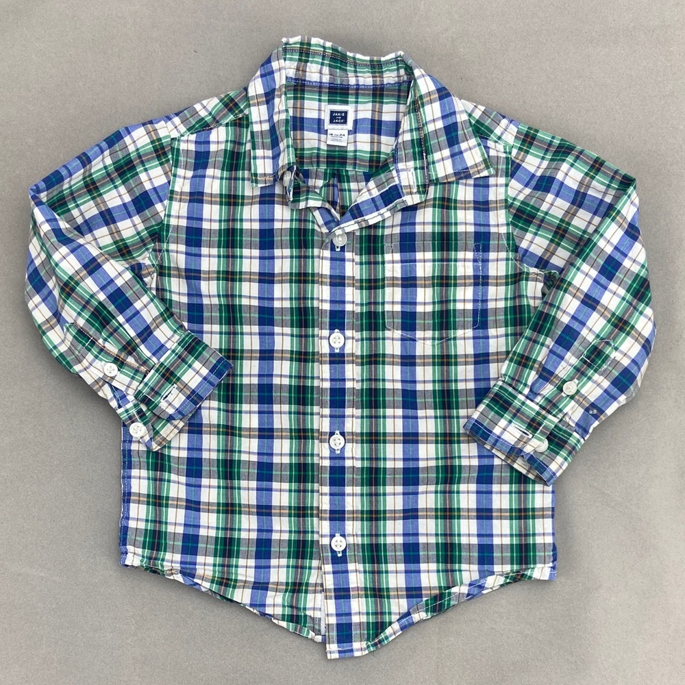 Janie and Jack Kids Plaid Button-Down Shirt - Blue, Green, White 18-24 mos